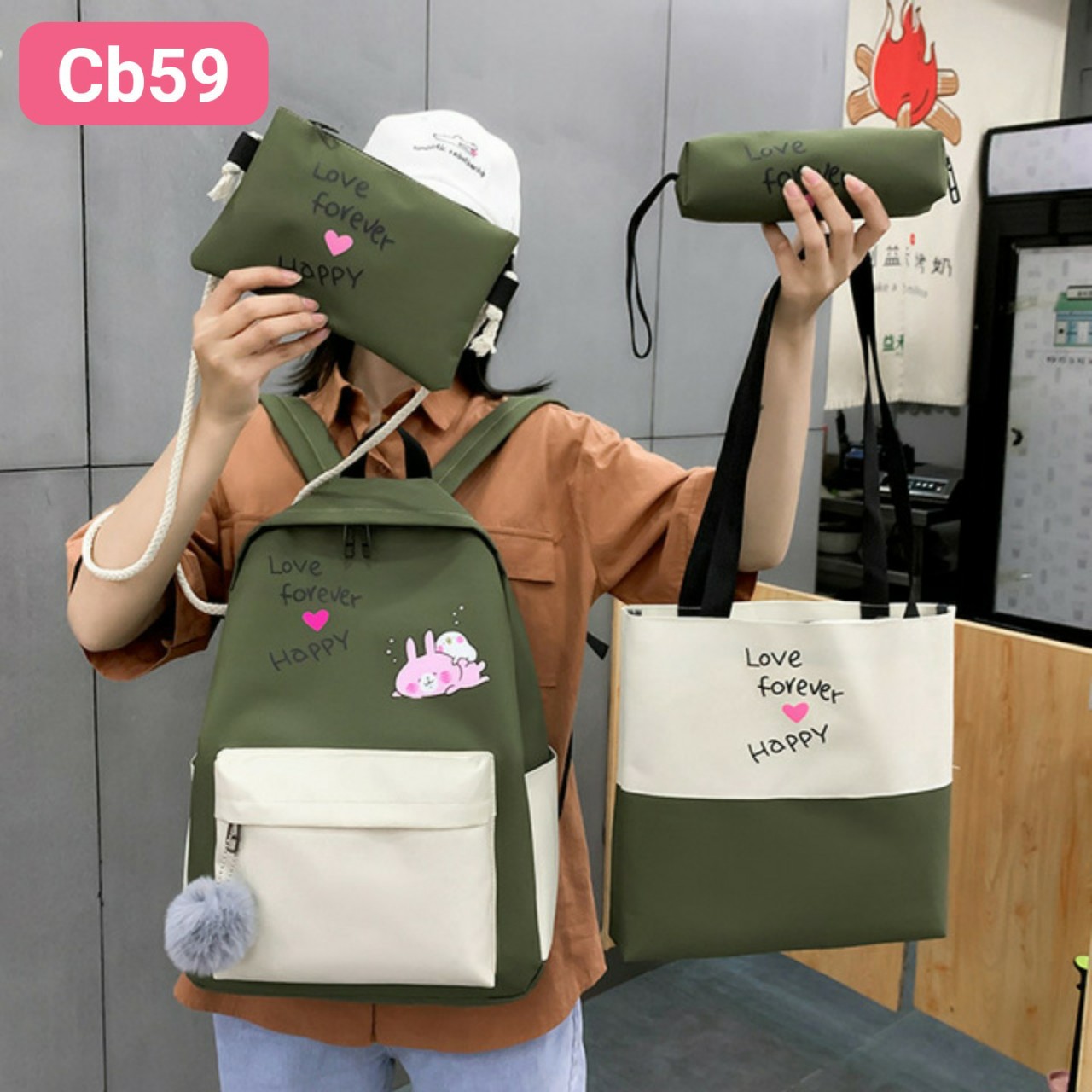 combo balo 4 món hai chú thỏ dễ thương cb59