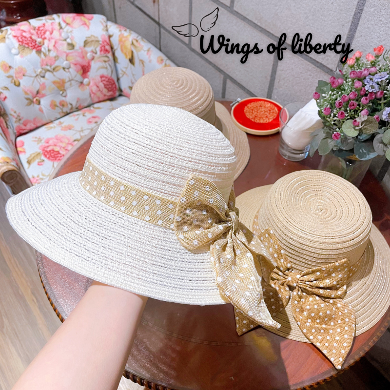 Mũ Cói Mềm Vành Tròn Có Gắn Nơ Wings07