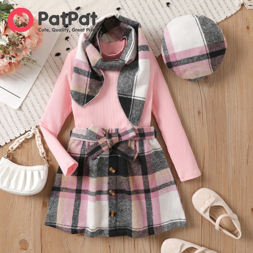 PatPat 4pcs Kid Girl 95% Cotton Ribbed Solid Long-sleeve Top and Plaid Belted Skirt & Hat & Scarf Set