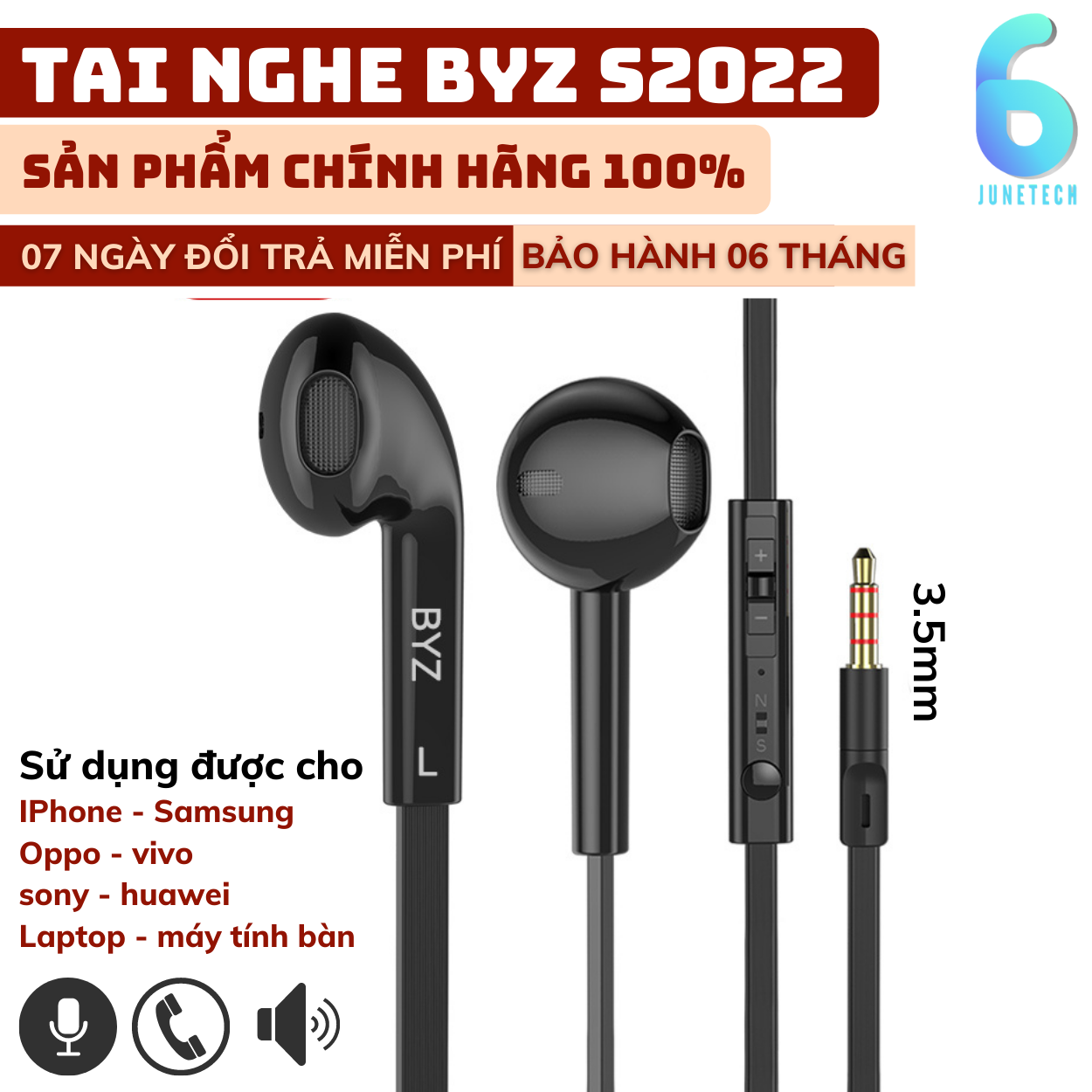 Tai nghe Super Bass-Treble BYZ S2022 chân cắm tròn 3.5mm Âm thanh, micro chất lượng chuẩn nhịp, karaoke,game mobile