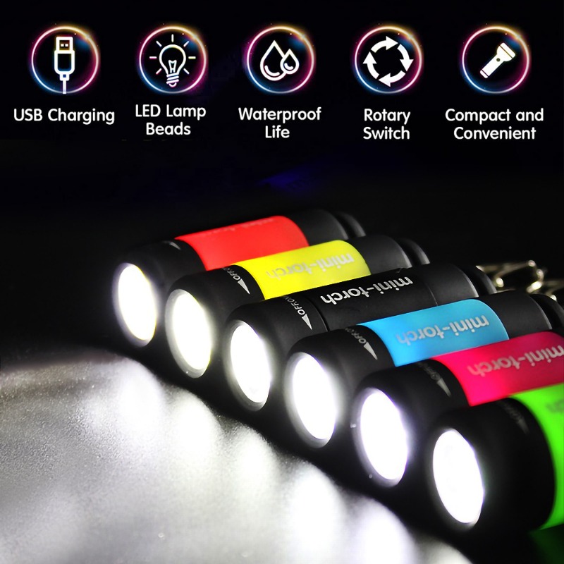 Đèn pin LED Mini USB di động có thể sạc lại túi không thấm nước đèn pin móc khóa cắm trại ngoài trời đèn khẩn cấp.