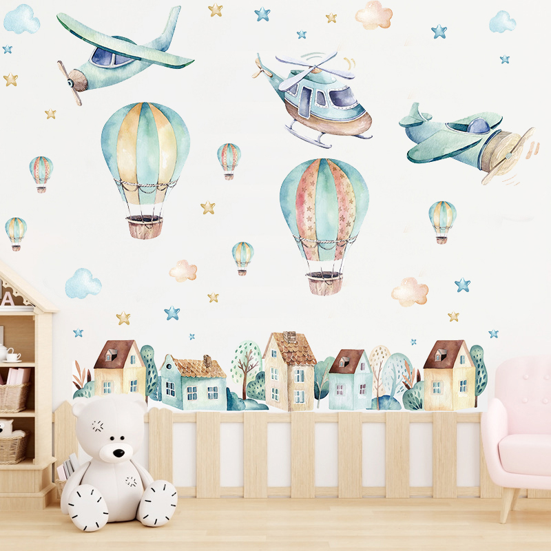 【Folio & Light】Watercolor Cartoon Animals Hot Air Balloon Wall Stickers ...
