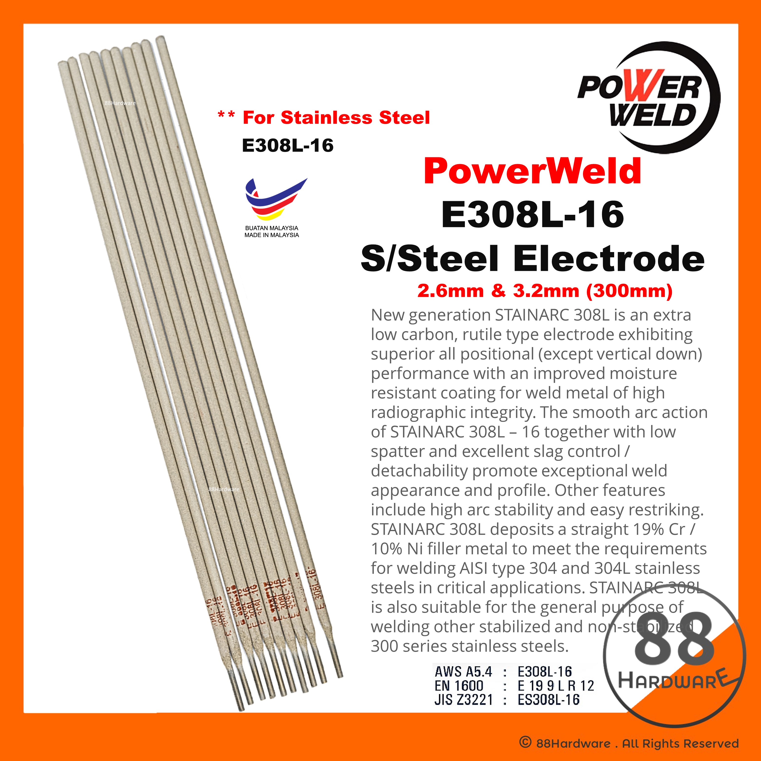 Powerweld 308L Stainless Steel Electrode Welding Rod 2.6mm 3.2mm 2.5KG