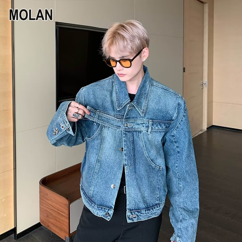 MOLAN Men's fashionable denim jacket lapel jacket handsome motorcycle jacket