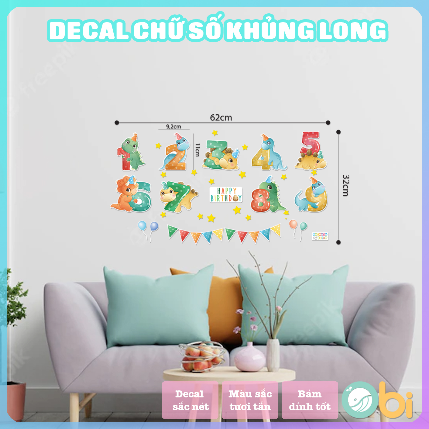 Decal Dán Tường Cho Bé - Bảng Chữ Số Khủng Long Obi