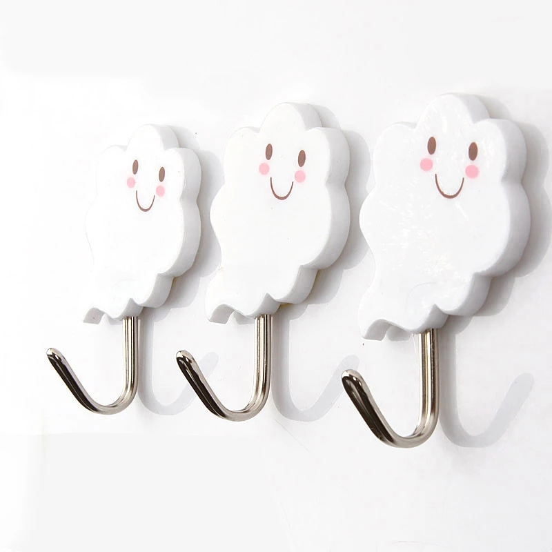 3Pcs Cute Cartoon Smiling Cloud Shape Self Adhesive Wall Hooks Hanger For Clothes Bags Hats Key Kitchen Bathroom Accessories