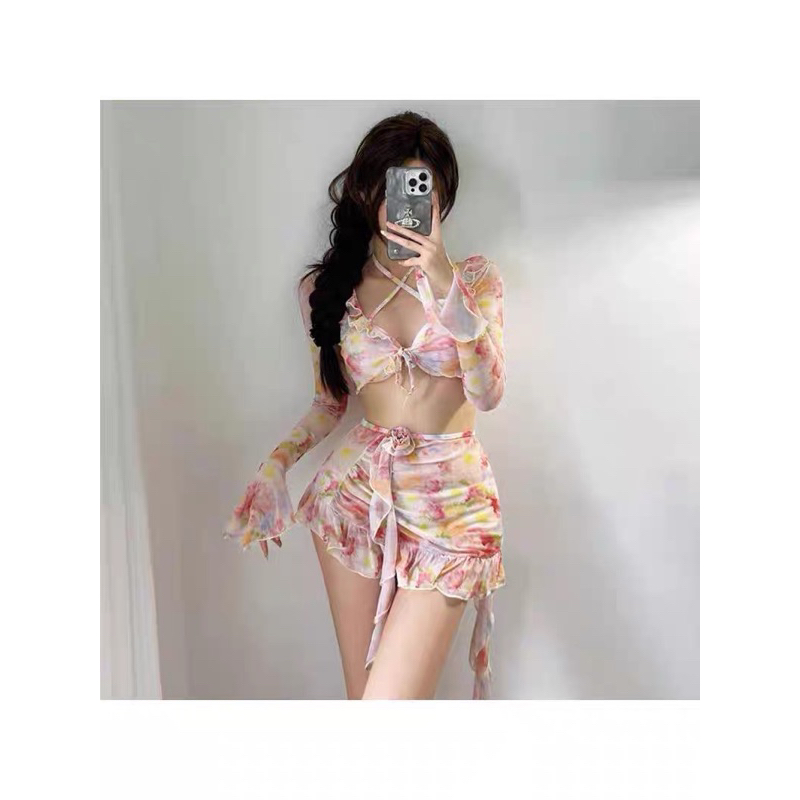 set bikini 4 mảnh màu hoa hồng cam
