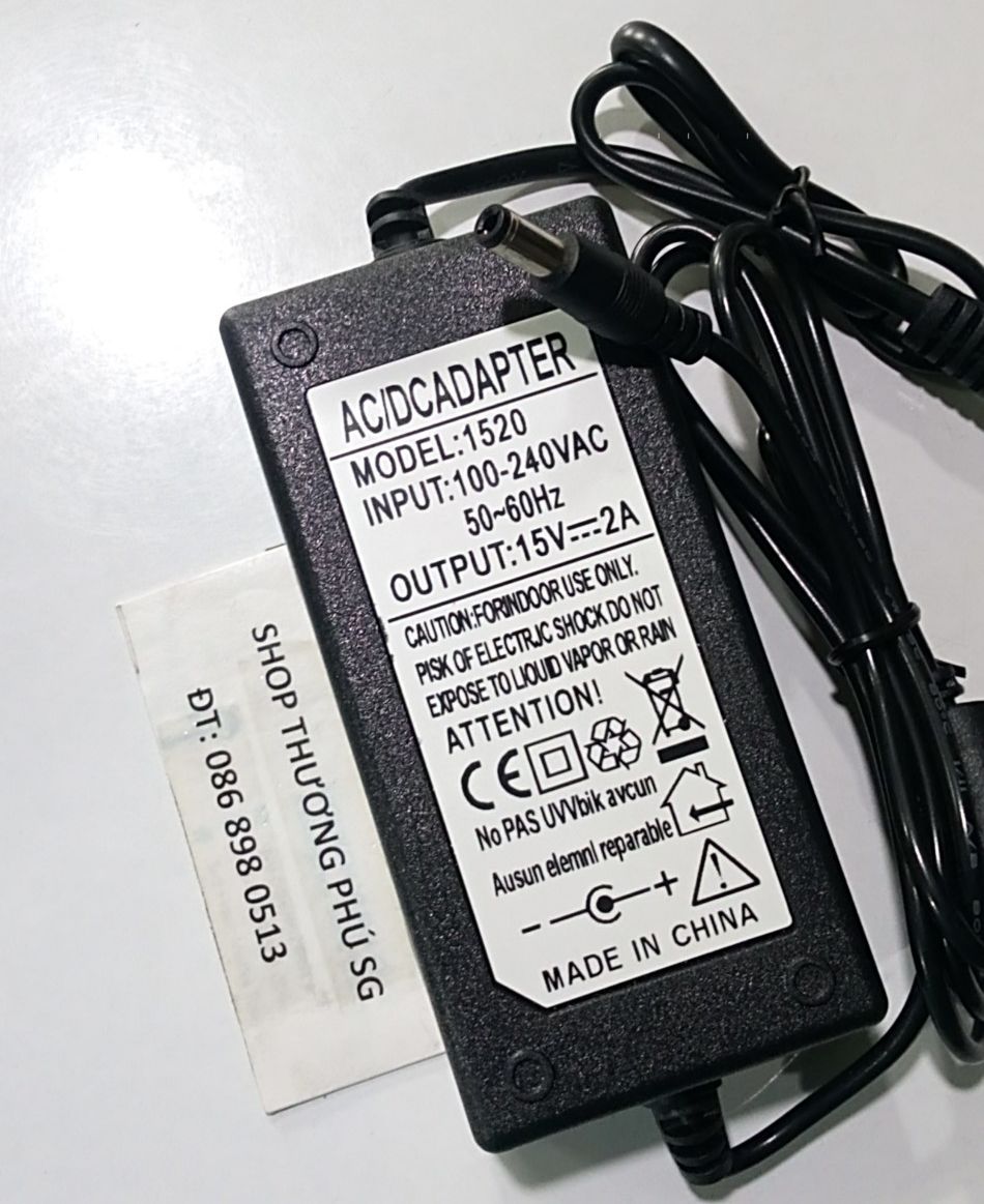 Bộ nguồn Adapter DC: 15V - 2A (2000mA) - Đầu lớn (Chuẩn đầu cắm: 5.5mm X 2.1~2.5mm)