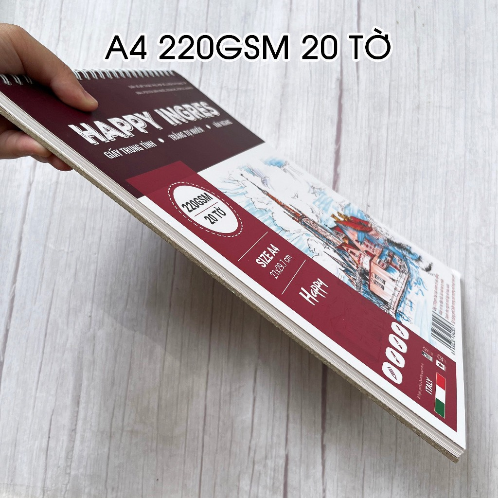 Sổ Vẽ Happy Canson Ingres Vân Ngang A4/A3 220gsm (Giấy vẽ Màu nước, Acrylic, Marker, Màu Sáp...)
