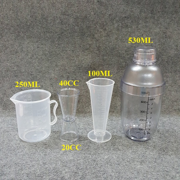 [HCM]BỘ 4 DỤNG CỤ PHA CHẾ (SHAKER 530ML IN LY 100ML CA 250ML LY 2 ĐẦU)