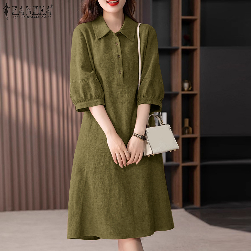 ZANZEA%20Korean%20Style%20Women's%20Dresses%20Casual%20Cotton%20Linen%20Short%20Sleeve%20Lapel%20Plain%20Loose%20Shirt%20Dress%20-%20Image%204