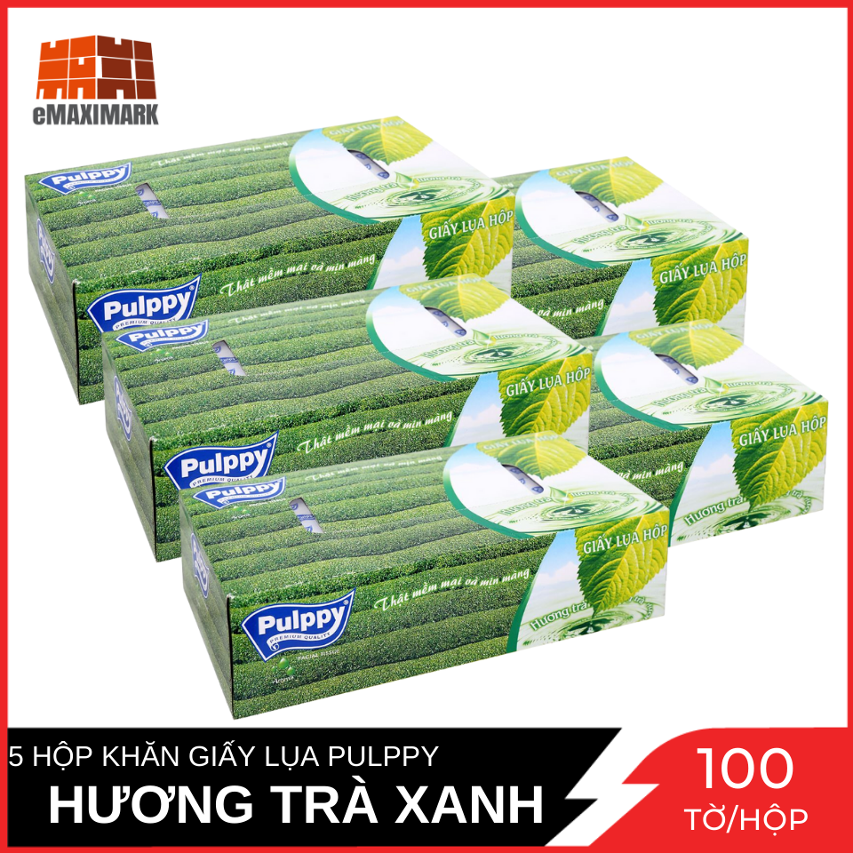 Combo 5 khăn giấy lụa pulppy hương trà xanh 2 lớp hộp 100 tờ