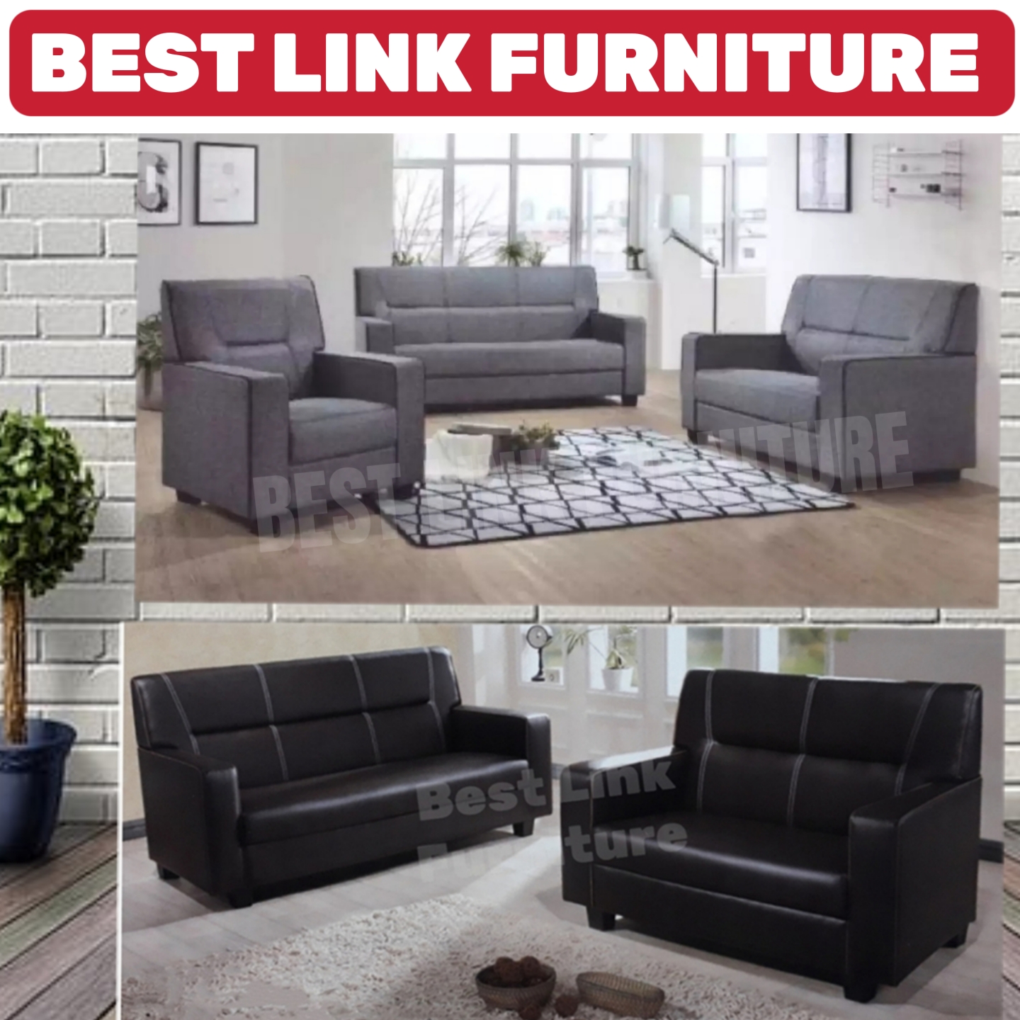 BEST LINK FURNITURE High Back 2+3 Seater Sofa Set in PVC Brown /Fabric