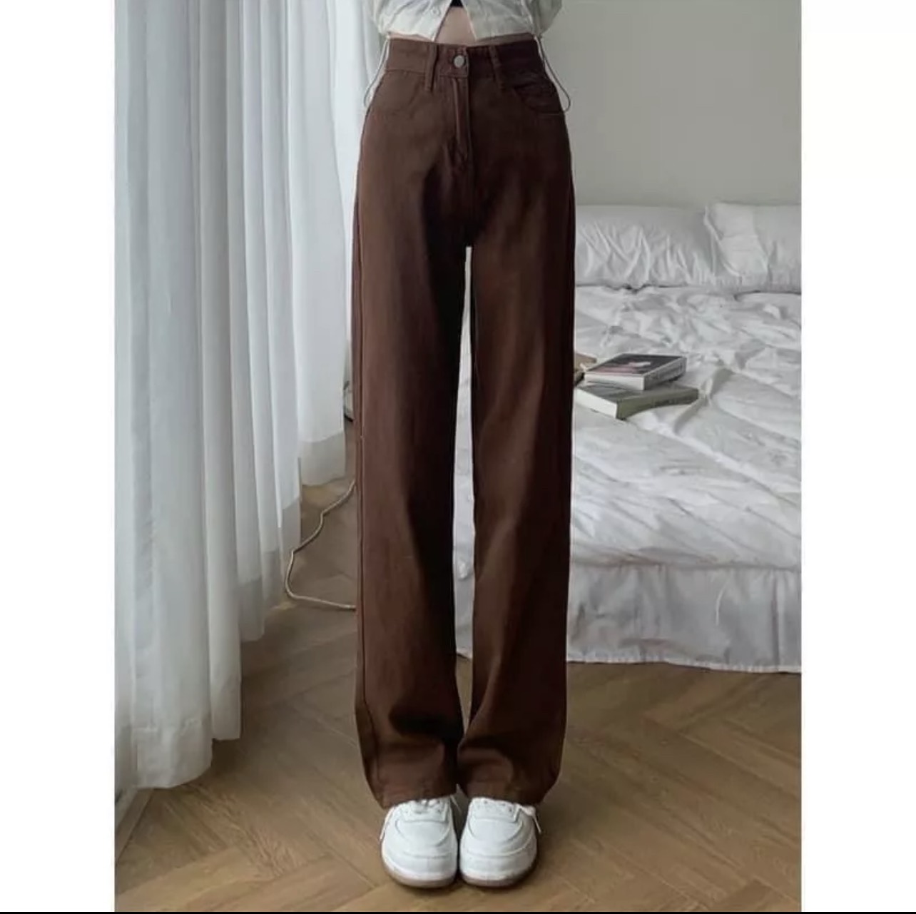 Quần ống rộng form suông quần xanh nữ jeans quần dài màu xanh lá ống suông