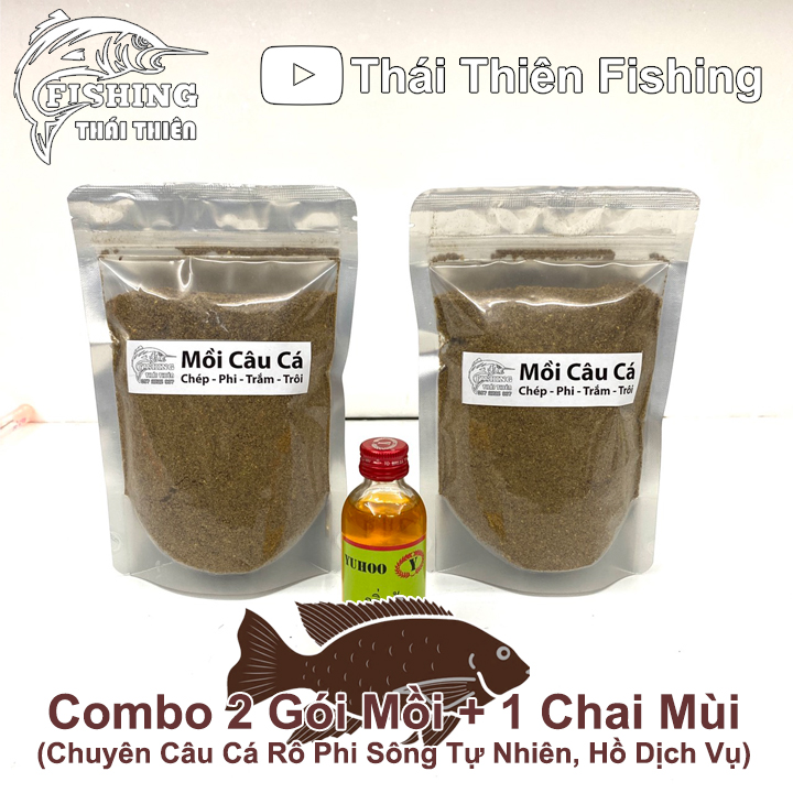Combo 2 gói mồi câu cá rô phi, 1 chai tinh mùi thái lan dùng câu sông tự nhiên, hồ dịch vụ