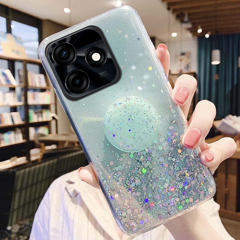 New Phone case Tecno POP 7 8 Pro 5 LTE Cover Glittering Soft Stars Moon Sequins Folding Stand Transparent Silicone Anti Drop Back cover Tecno POP5 LTE POP8 POP7 Pro case. 