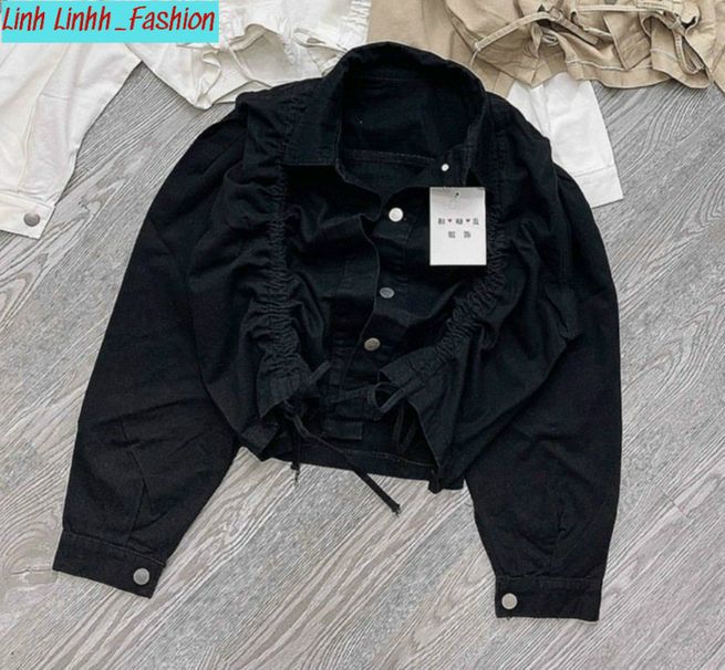 Áo khoác denim jean nữ buộc dây rút áo khoác ngắn tay cổ bẻ màu trơn cho nữ áo cổ điển hàn quốc