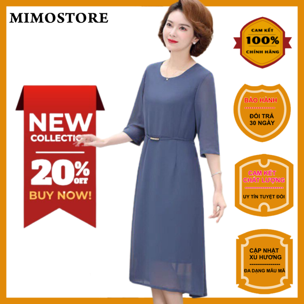 Đầm trung niên dự tiệc sang trọng cho mẹ tuổi u40 u50 Mimostore UX75 dáng suông chất liệu voan mát cỏ tròn tay lỡ độ dài maxi mẫu trơn phân loại thời trang hàng ngày sản xuất tại việt nam
