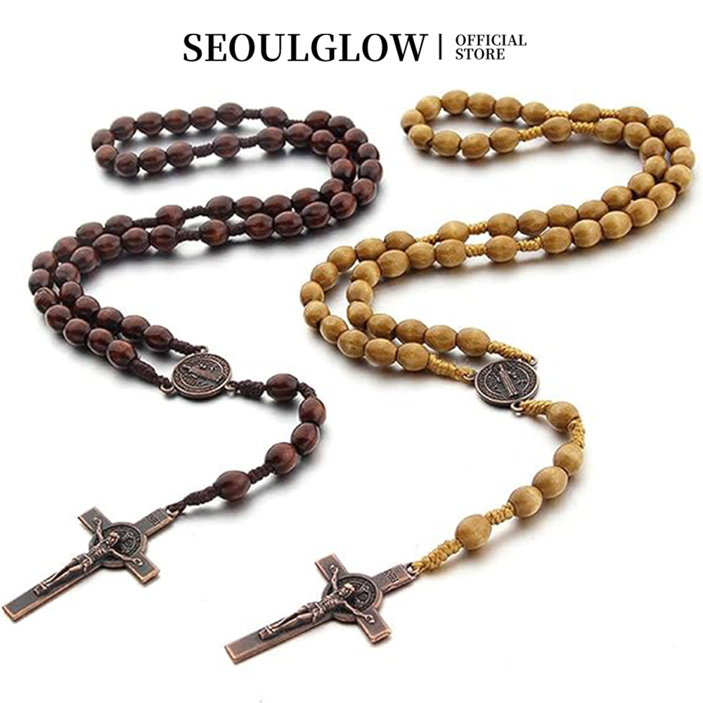 8*10mm handmade hạt gỗ vòng cổ vintage vòng cổ bằng gỗ với vân gỗ phức tạp và chúa giêsu họa tiết seoulglow