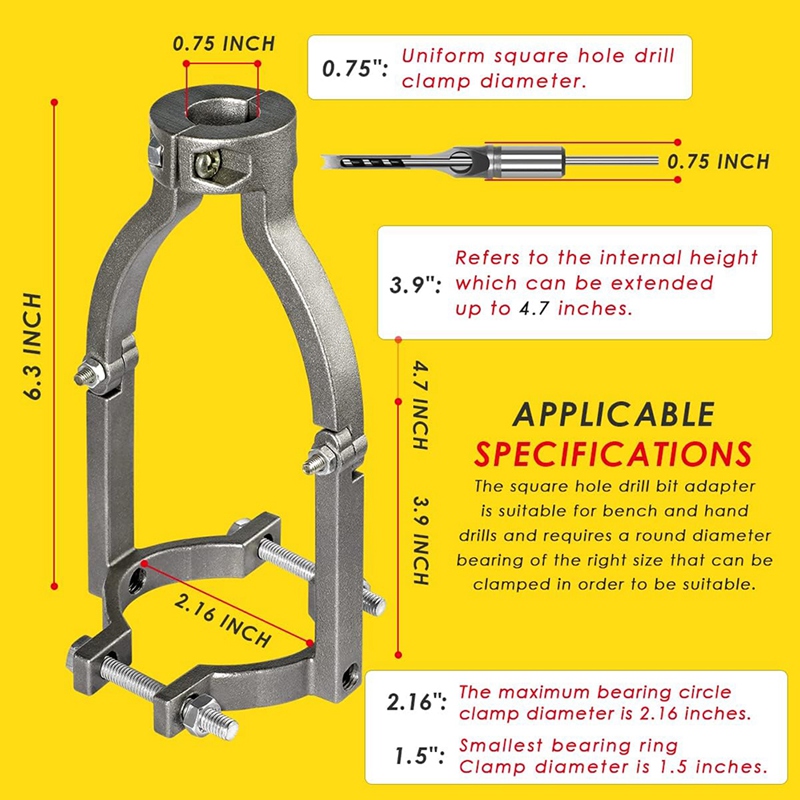 Square Hole Drill Bit Adapter for Drill Press, Mortise Machine, Power Tools Accessory for Drill Machines