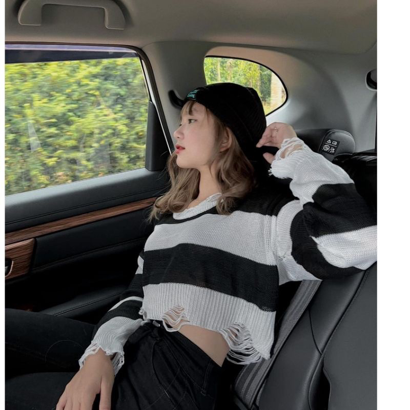 Áo len nữ kiểu rách mỏng croptop cá tính hàng QC