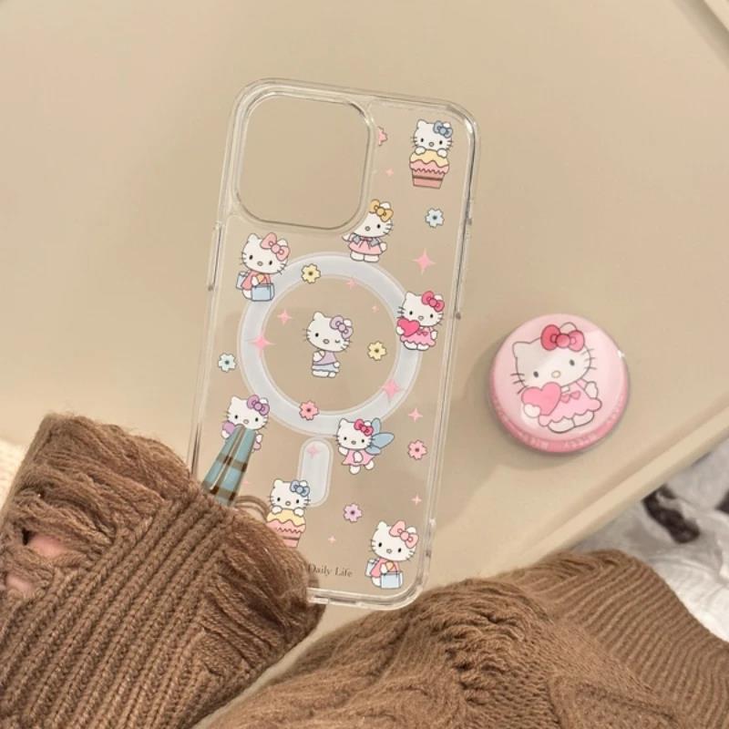 Cute Sanrio Hello Kitty Magnetic Bracket Magsafe Wireless Charge Phone Case For iPhone 15 14 13 12 11 Pro Max Clear Hard Cover. 