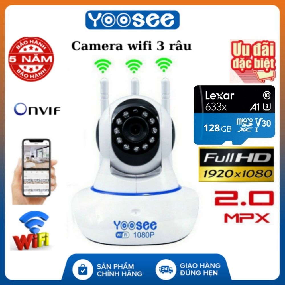 Camera Camera wifi Camera yoosee Camera 3 râu 2.0 mpx kèm thẻ nhớ 128gb