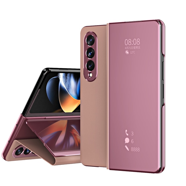 Mirror clear view flip phone case for samsung galaxy z fold 5 4 3 2 5g fold4 fold3 fold5 pu leather shell full protection cover