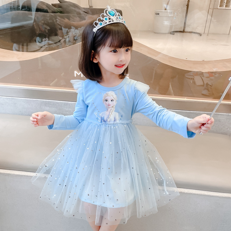 AMILA Girls' Elsa Princess Long Sleeve Dress Cute cartoon print princess dress girls birthday dress gauze skirt