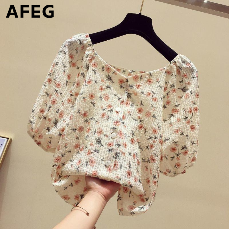 AFEG new Korean style one-shoulder fashion loose all-match printed chiffon short-sleeved blouse for women