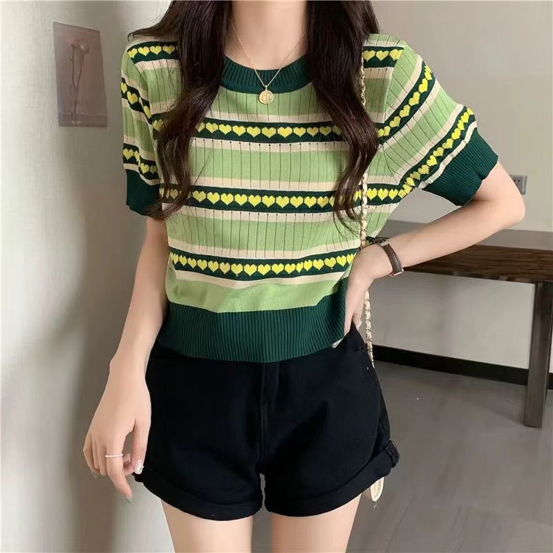 midsummer เสื้อยืดไหมพรมเกาหลี คอกลมแขนสั้น ลายหัวใจน่ารักมาก ผ้าร่อง ...