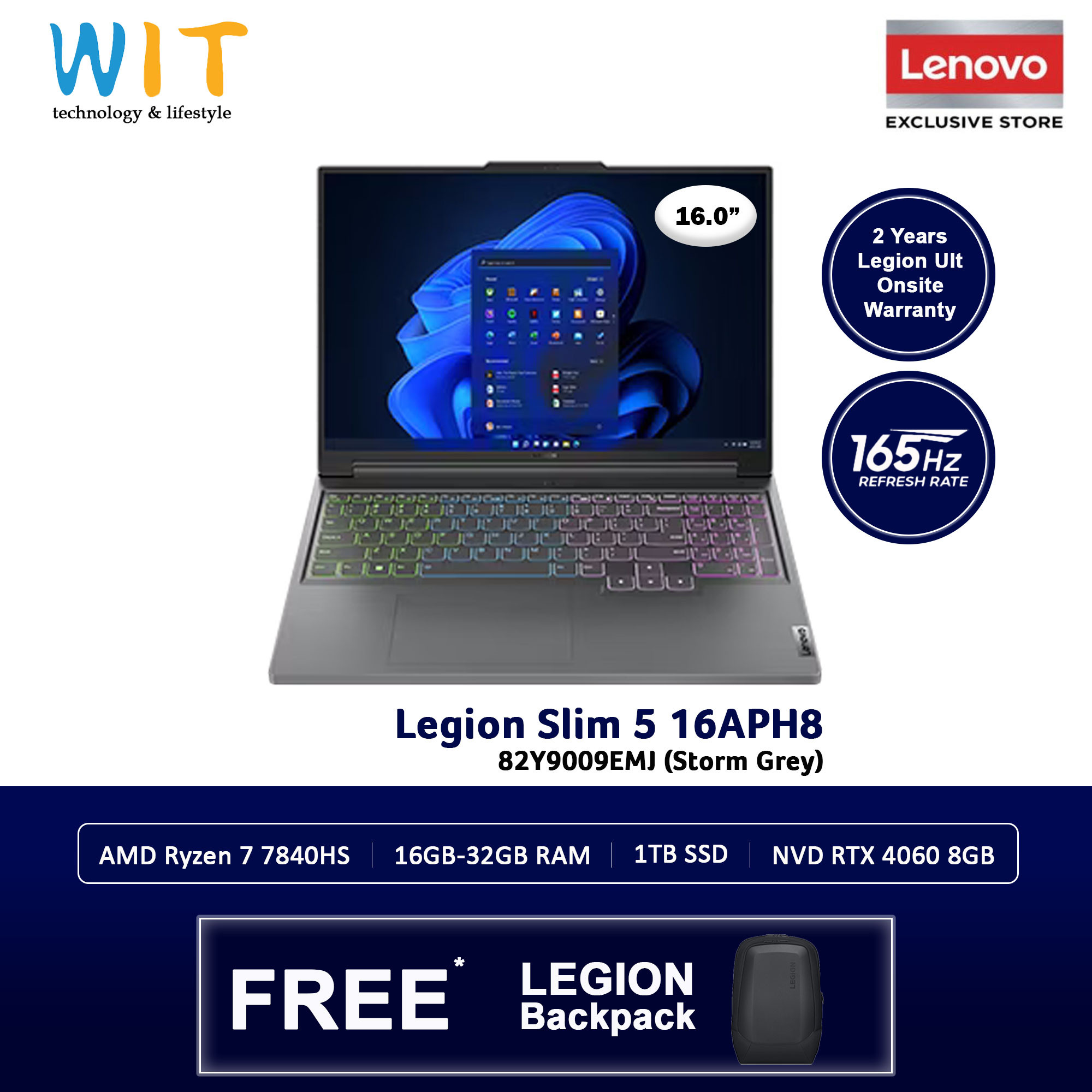 PC Portable Gamer Lenovo Legion 5 Slim 16 Ryzen 7 7840HS 3