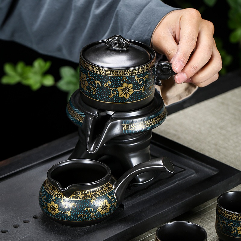 Bộ Ấm Chén Pha Trà Cối Xay - Xanh Đen Vàng (bao gồm 1 ấm trà, 6 chén trà và 1 bộ cối xay)