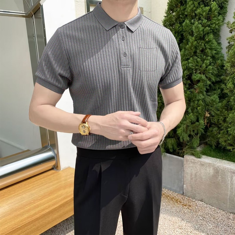 2024 Cotton New Business Lapel Short-sleeved T-shirt Men's Slim Summer 