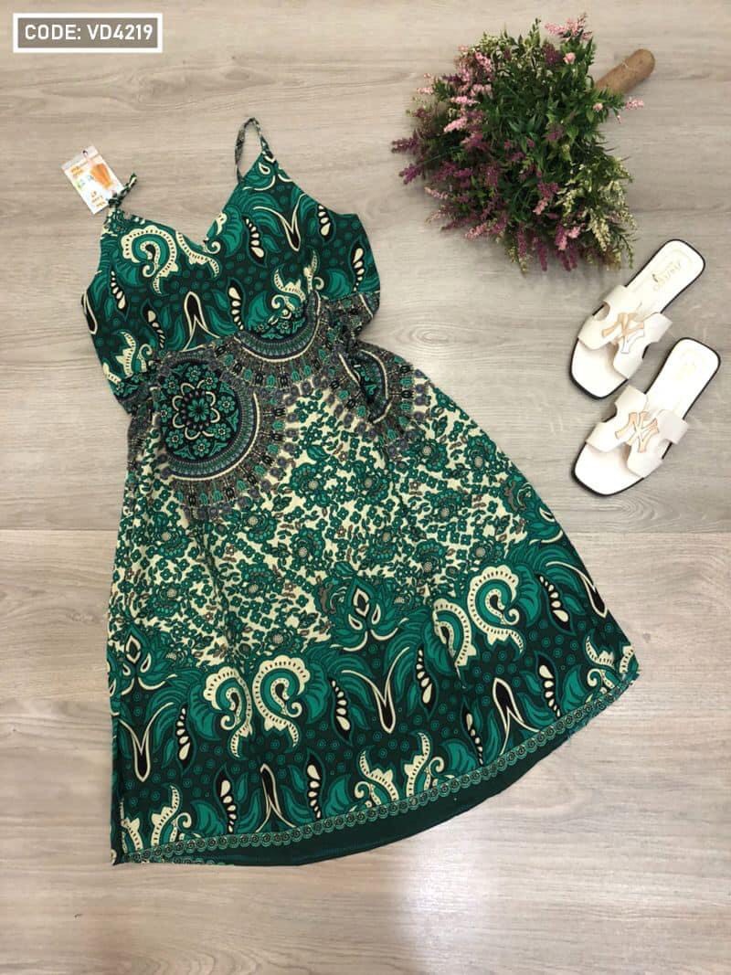 VÁY 2 Dây Vải Lanh (Tole) Hoa  – Đầm Dáng Xòe