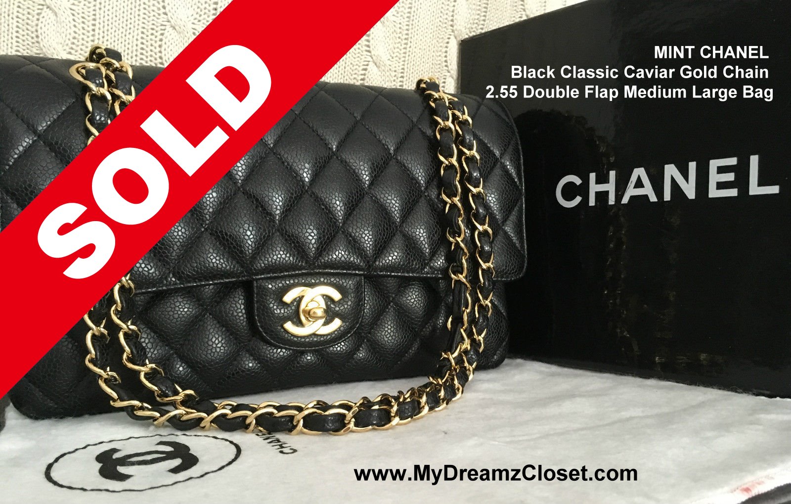 SOLD - MINT CHANEL BLACK CLASSIC CAVIAR GOLD CHAIN 2.55 DOUBLE