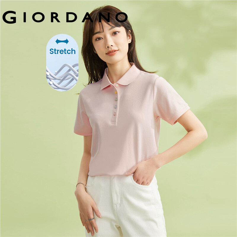 GIORDANO Women Polo Shirts Rainbow Buttons Stretchy Polo Shirts Summer Short Sleeve Slim Fashion Casual Polo Shirts 05314399