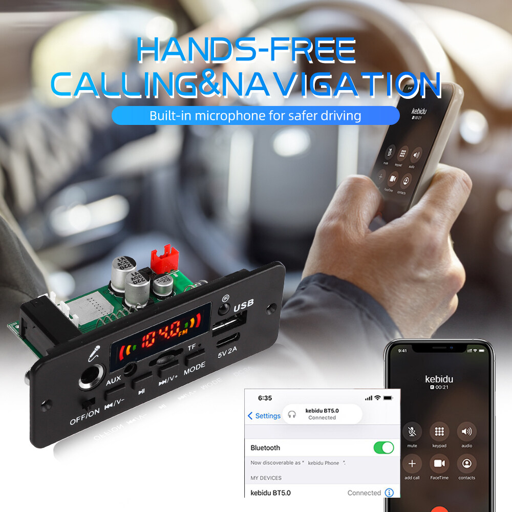 KEBIDU Máy nghe nhạc MP3 Bluetooth 5.0 giải mã 2x40W khuếch đại DC 12V Ghi âm cuộc gọi MP3 mic chức năng