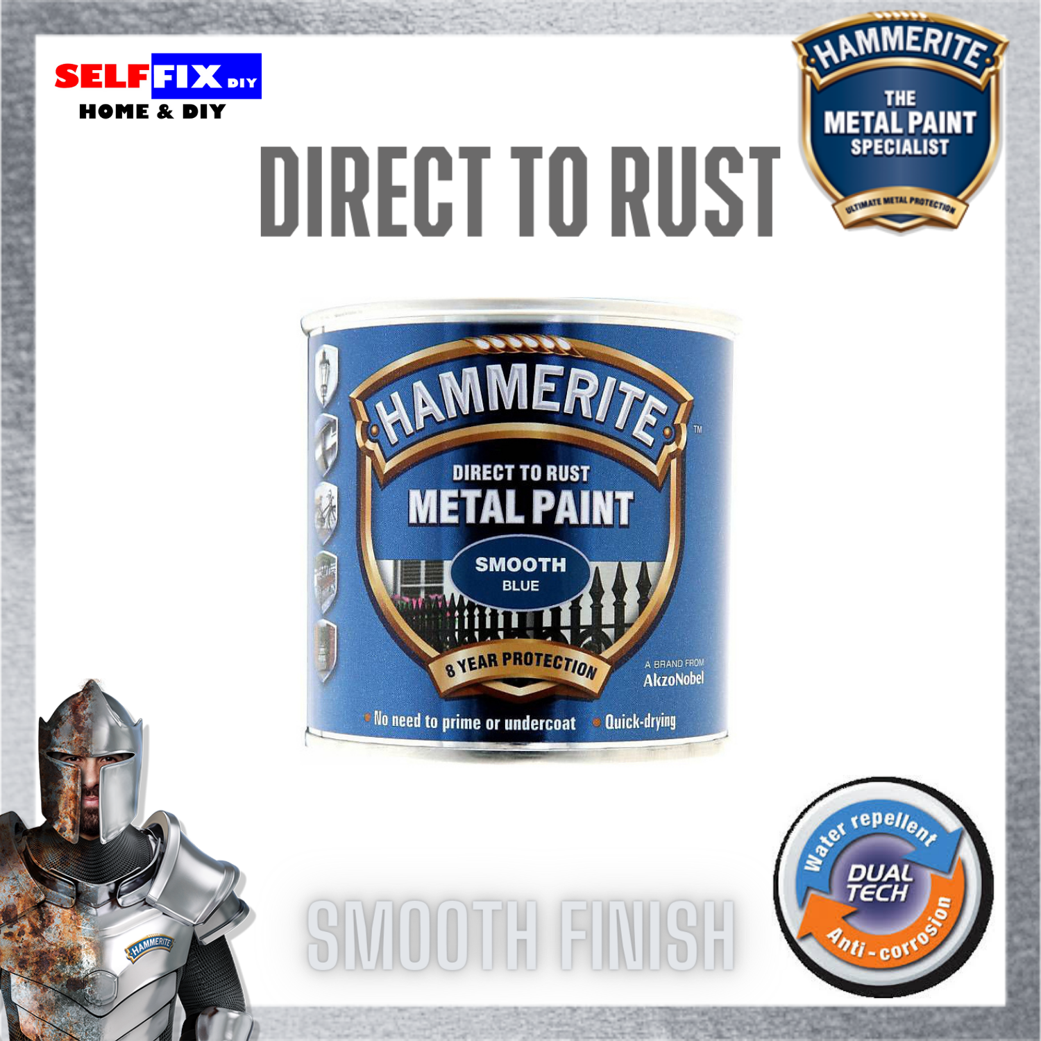 Hammerite Blue Metal Paint Smooth Finish 250ml Direct to Rust