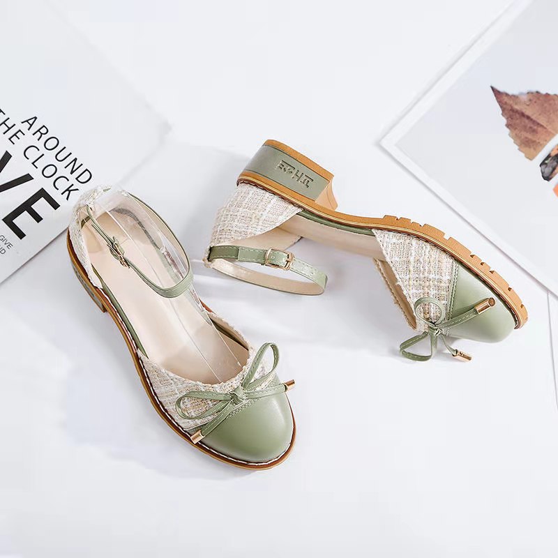 Sandal Nữ Bít Mũi Gót Thấp Đế Cao 3 Phân Đính Nơ