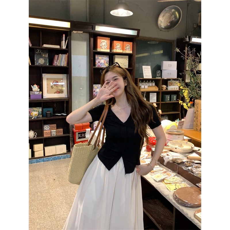 SET áo thun zip xẻ hot hit mix quần suông lụa sần rộng xoè BASIC cực trend