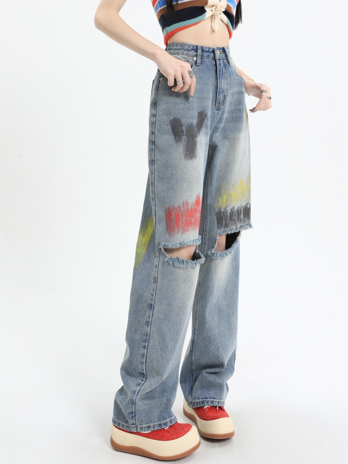 American style high street vibe style design with color painted holes, loose and straight washed jeans Vintage trousers
