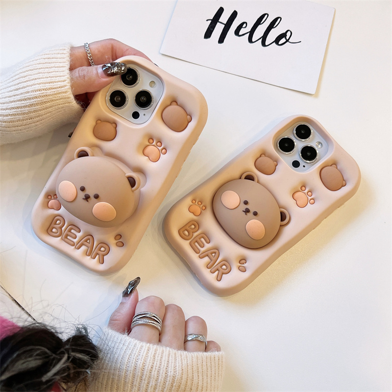 Zvtain cute bear soft silicone phone case for iphone 11 12 13 14 15 pro max casing case liquid silicone bracket shockproof back cover