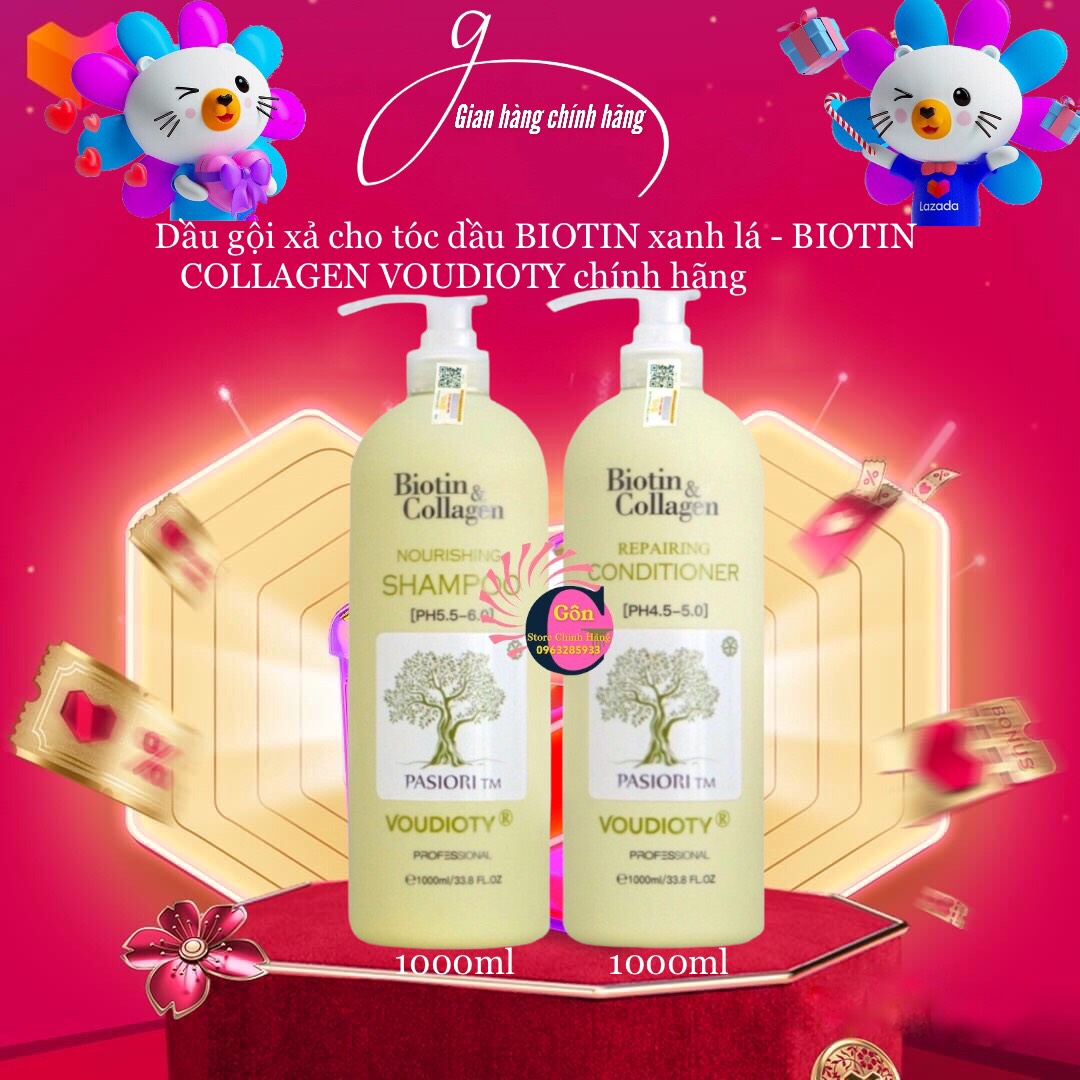 Dầu gội xả cho tóc dầu BIOTIN xanh lá - BIOTIN COLLAGEN VOUDIOTY 1000ml chính hãng 
