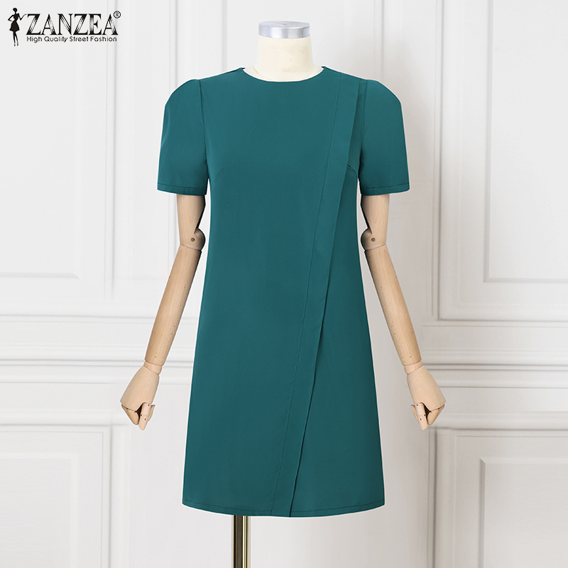 ZANZEA%20Korean%20Style%20Women's%20Dresses%20Elegant%20Puff%20Sleeve%20O-Neck%20Solid%20Color%20Party%20Mini%20Dresses%20-%20Image%205