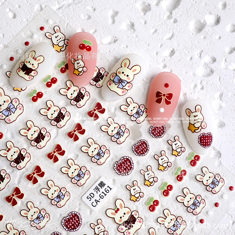 Sticker Nail 5D Lụa Nổi | Thỏ & Gấu Kem | Hình Dán Móng Tay CA