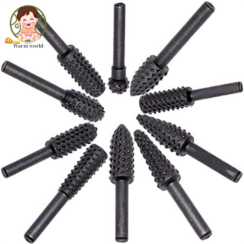 【Ready Stock】10pcs File Drill Bits Set With Spherical, Cylindrical Pointed Drill, Grinder Drill Rasp For Woodworking Carving Tool 1/4" Round Shank Rotary Burr Set