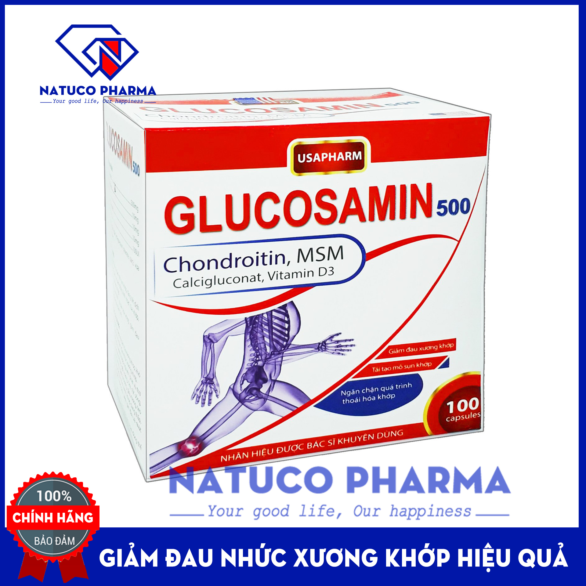 GLUCOSAMIN 500mg - Hết đau nhức xương khớp, thoái hóa cột sống, làm trơn ổ khớp giúp vận động dễ dàng - Hộp 100 viên chuẩn GMP Bộ y tế