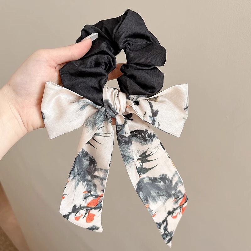 High-end Antique Style Ink Painting Ribbon Bow Hair Tie