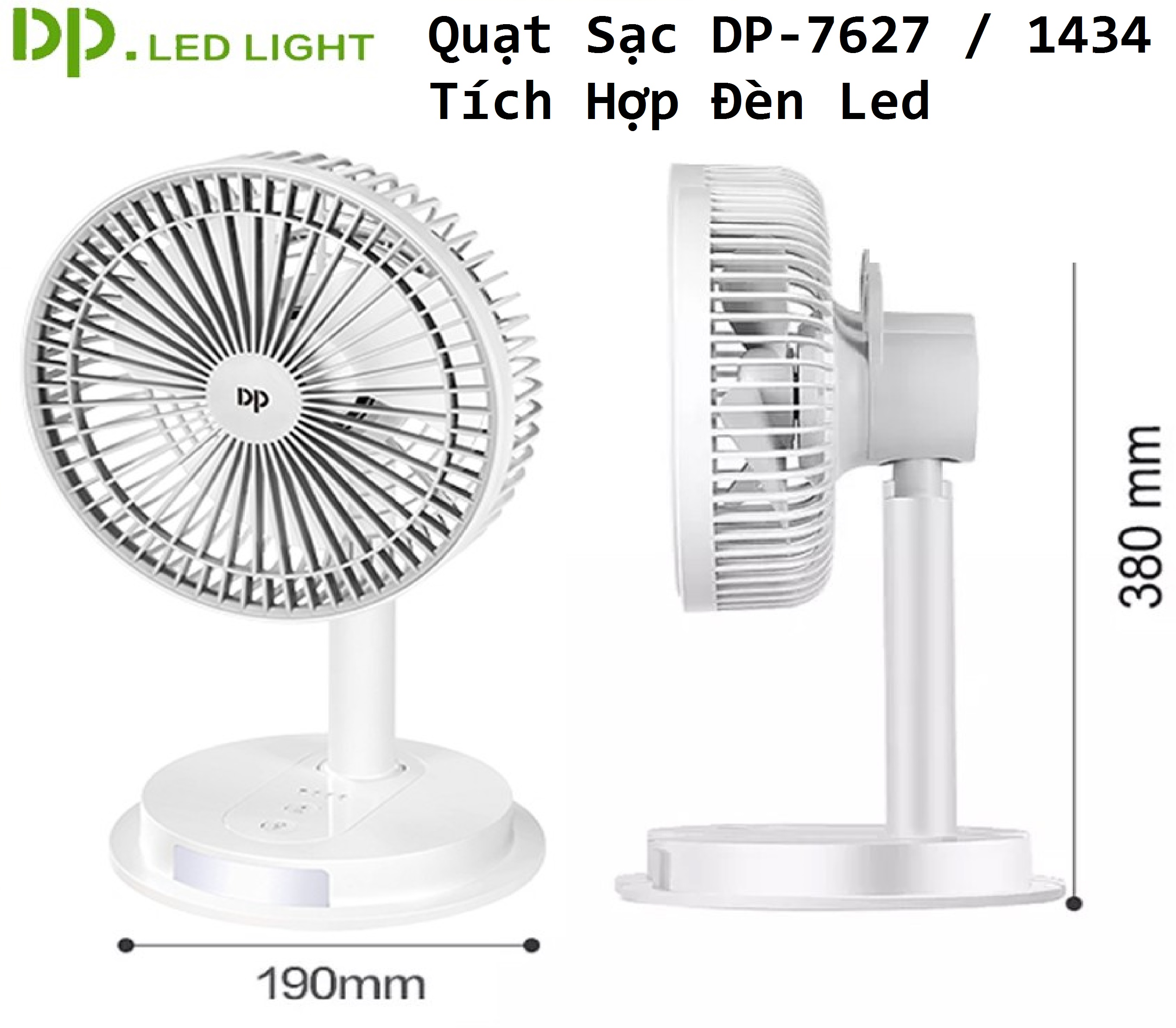 Quạt sạc dp-7627 / 1434 tích hợp đèn led